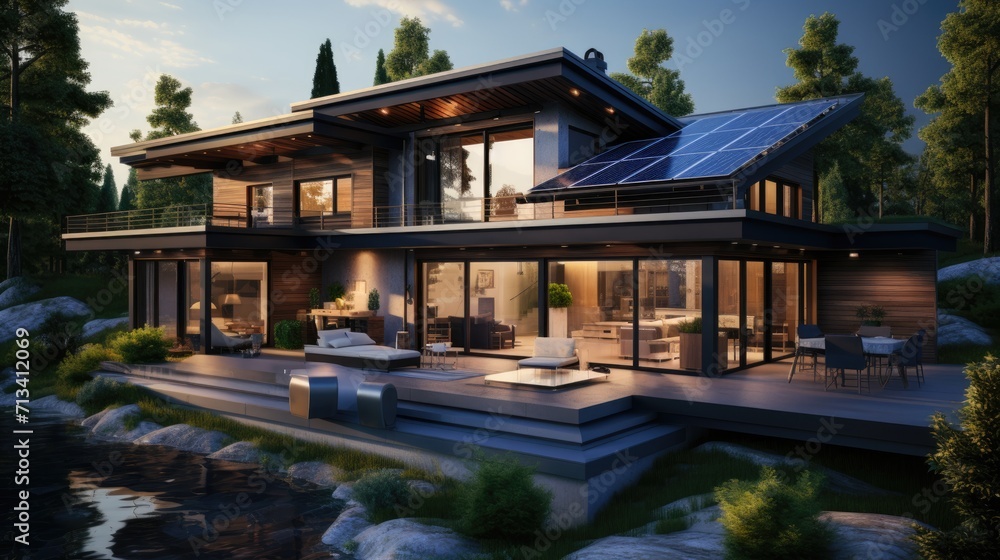 Obraz premium Modern home with solar panels on roof, poolside lounging area, and green lawn under blue sky.