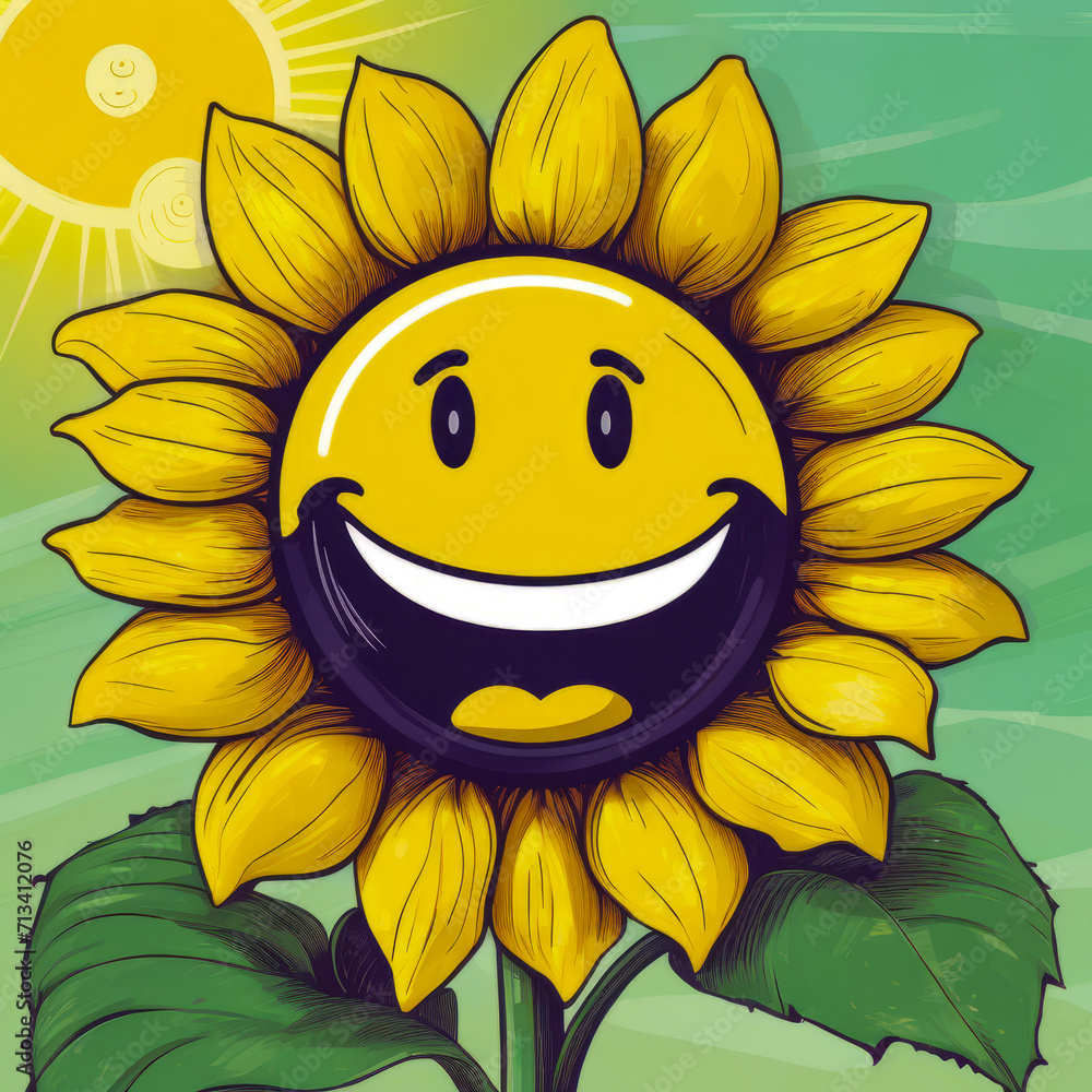 A yellow sunflower, that faces the sun, with a smiley face on its center, that conveys a positive and cheerful attitude, and the appreciation of nature’s gifts and cycles.