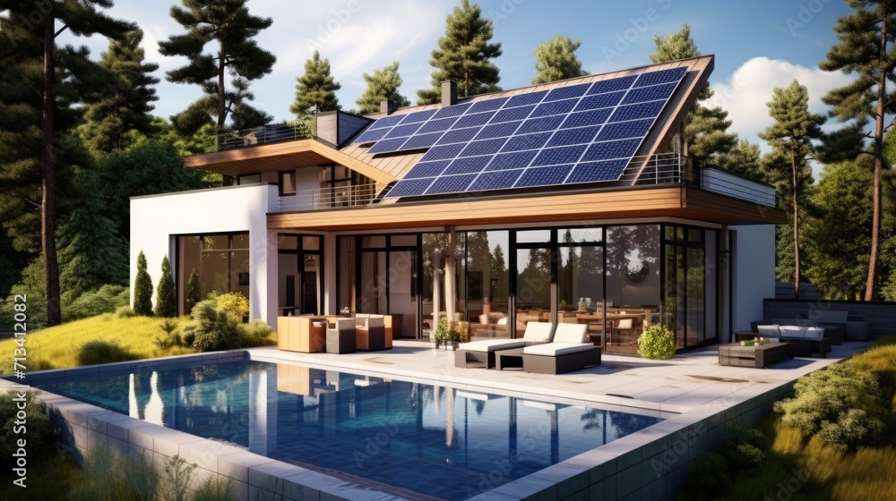 Modern home with solar panels on roof, poolside lounging area, and green lawn under blue sky.