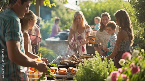 A family is barbecuing in the backyard during a garden party, grilling meat and vegetables, with many friends gathered in the background.