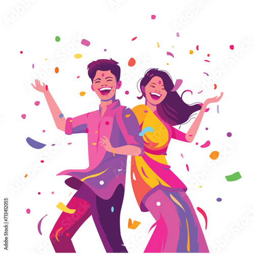Dancing couple, young man and woman vector illustration. Happy Holi celebration