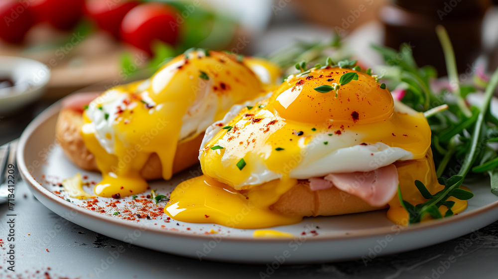 Eggs benedict with hollandaise sauce and herbs Eggs benedict with hollandaise sauce and herbs