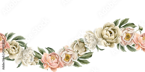 White beige peach fuzz peony flowers and green leaves. Horizontal seamless hand painted watercolor illustration isolated