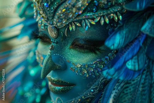 Smiling Woman Parading as a Bird with Blue Glitter