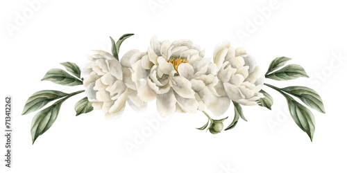 Horizontal composition of white peony flowers, buds and green leaves. Floral watercolor illustration isolated on white