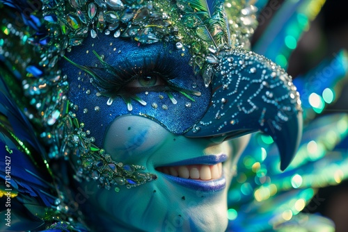 Woman Parading in Bird Attire with Blue Glitter