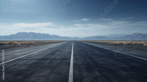 Empty asphalt road in the desert with mountains in the background.  © Liliya