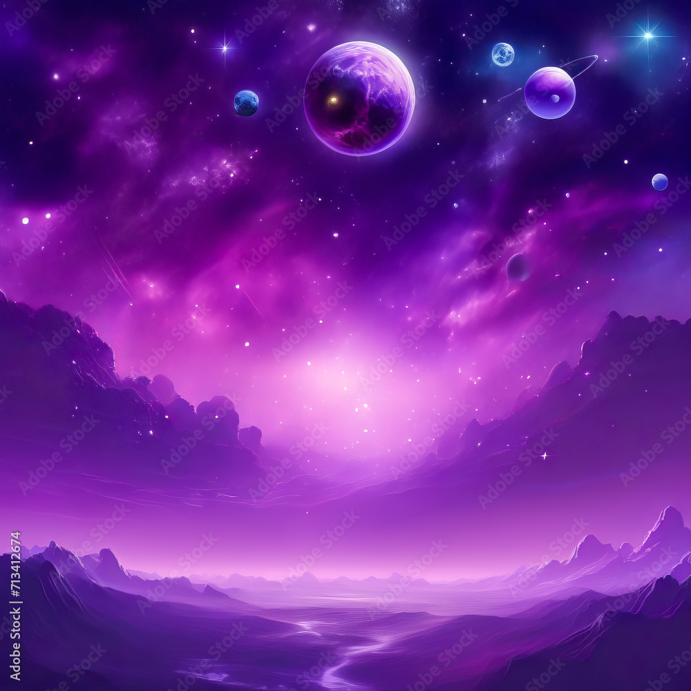 A purple sky, with stars and planets, that creates a cosmic and mystical atmosphere, that inspires curiosity and wonder, and the awareness of the vastness and complexity of the universe.