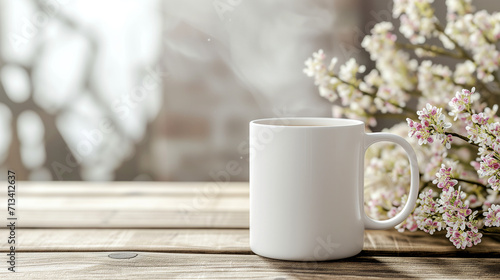 Coffee cup and spring blossom on wooden table photo