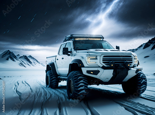 Truck in a snowy landscape. White 4x4  pick-up truck speeding across a wintry terrain