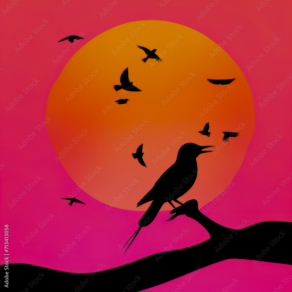 evening sunset sky with sun and clouds in red tones, silhouettes of birds flying over the water