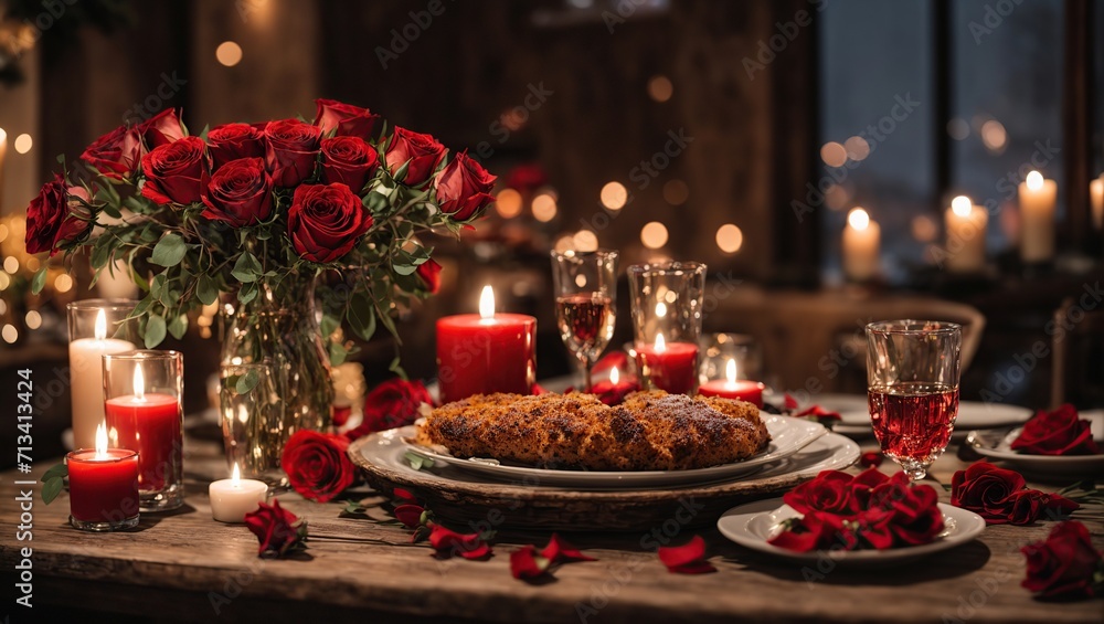 A cozy and intimate Valentine's Day dinner table, complete with flickering candles, a rustic wooden table, and a bouquet of red roses