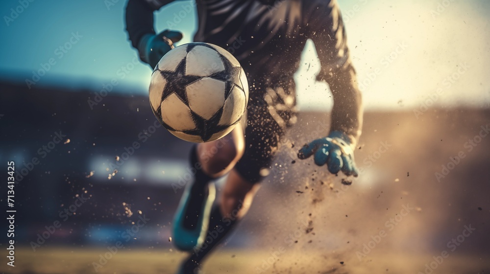 Football match at the stadium, the goalkeeper tries to catch a soccer ball, tournament and championship, football competitions - obrazy, fototapety, plakaty 