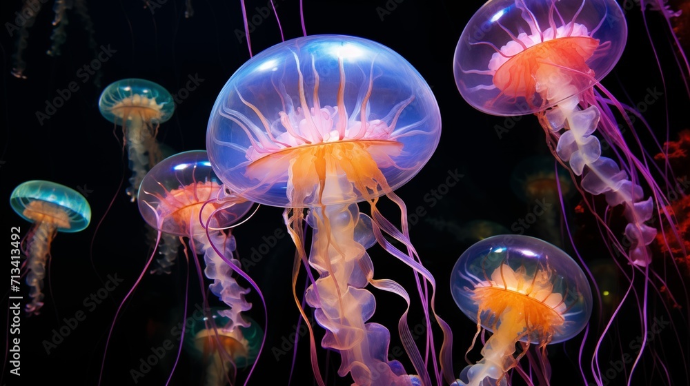 Naklejka premium A cluster of colorful jellyfish shining in the depths of ocean waters, jellyfish illuminated by neon light, shimmering with all the colors of the rainbow