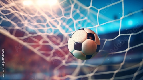Soccer ball in the net, close-up goal, football game, sports match, football tournament