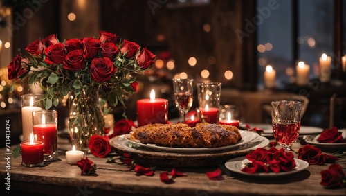A cozy and intimate Valentine's Day dinner table, complete with flickering candles, a rustic wooden table, and a bouquet of red roses