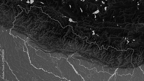 Nepal outlined. Grayscale elevation map