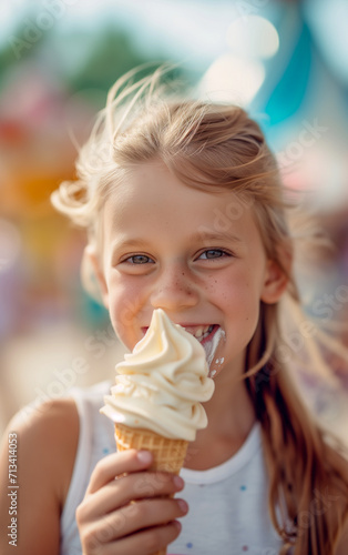 A joyful child girl eats an ice cream cone