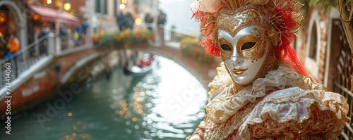 Colorful masks and costumes at traditional Carnival in Venice. Beautiful woman in mysterious mask on the street. Venetian carnival. Mardi Gras, masquerade party or holiday event © ratatosk