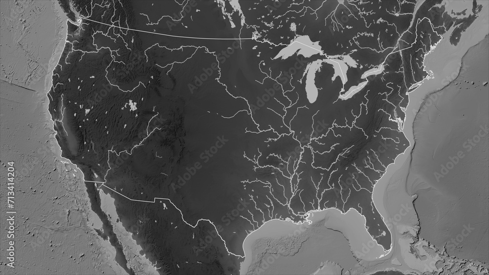 United States of America - mainland outlined. Grayscale elevation map