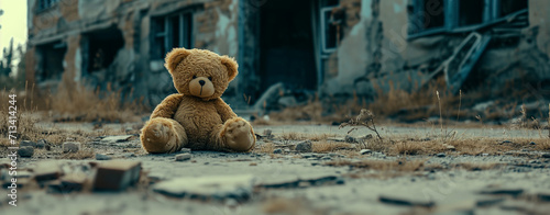 kids teddy bear toy over city burned destruction of an aftermath war conflict, earthquake or fire and smoke of world war against children peace innocence