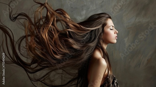 Portrait of a beautiful woman with long brown hair in the studio