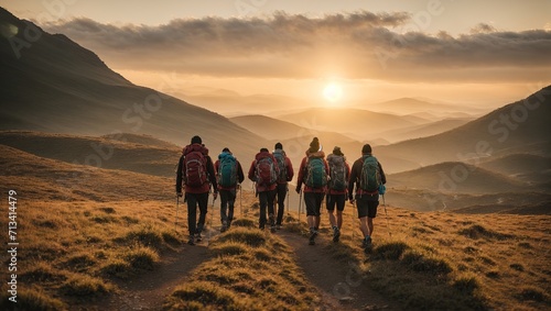 Hikers stroll among the mountains at dusk.