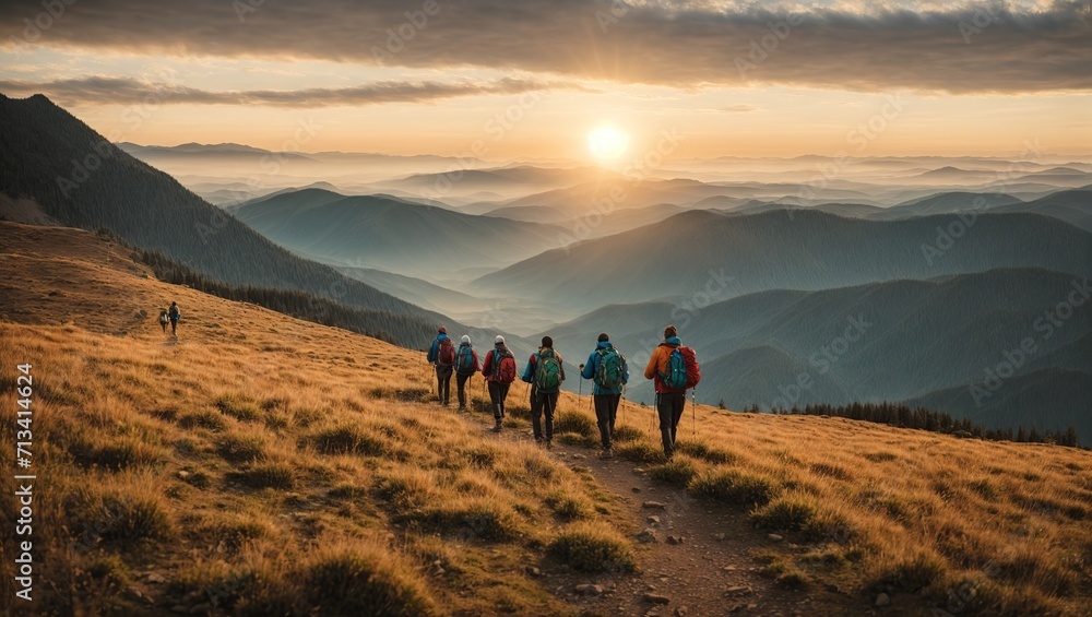 A Group of hikers walks in mountains at sunset