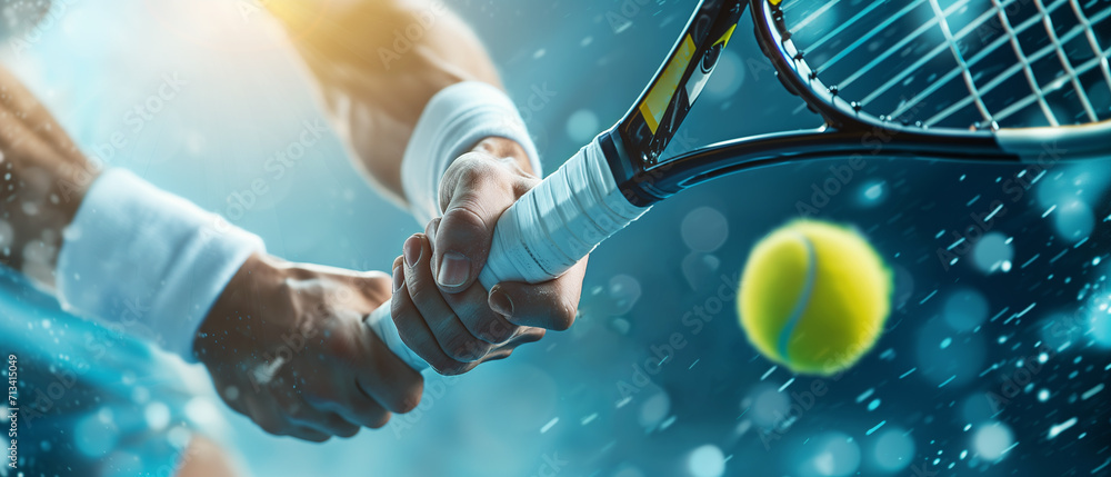 Close-up of muscular arms holding a tennis racket and hitting the ball. Banner championship tennis - obrazy, fototapety, plakaty 