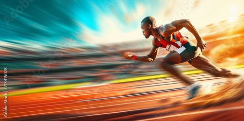 Afro American athlete runner sprinter running in motion blur on racetrack. Copy space photo