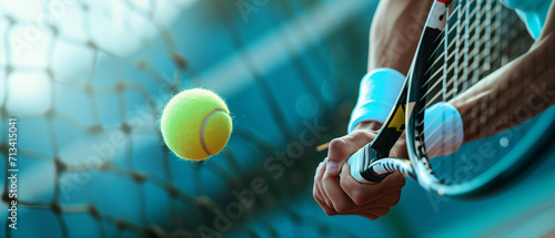 Close-up of muscular arms holding a tennis racket and hitting the ball. Banner championship tennis photo
