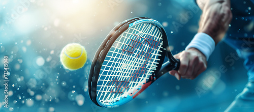 Close-up of muscular arms holding a tennis racket and hitting the ball. Banner championship tennis photo