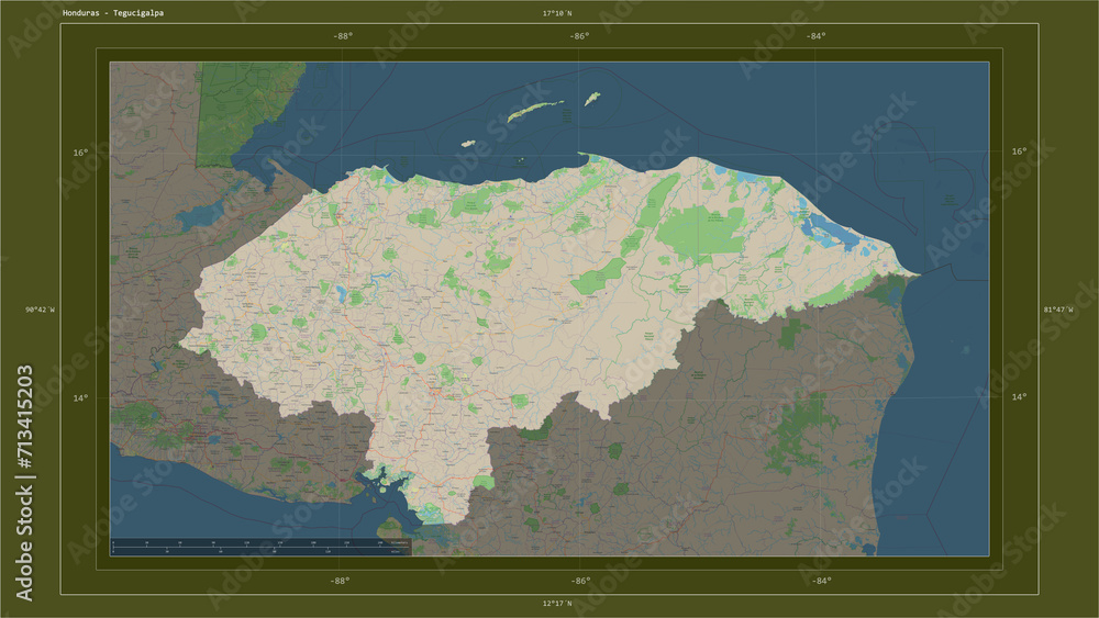 Honduras composition. OSM Topographic standard style map