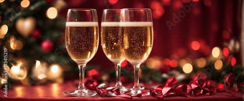 An exquisitely lovely Two champagne glasses on sparkling red bokeh background. Valentine's day dinner invitation. Christmas and new year holiday party,