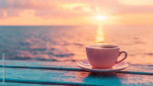 Coffee cup on a sea view background  romantic atmosphere