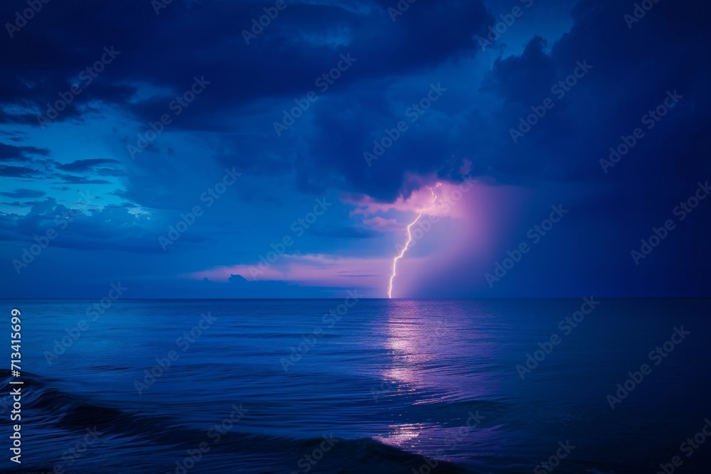 Stylized image of a lightning bolt over a calm ocean at twilight
