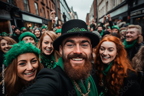 Group of friends taking a selfie on the street celebrating St. Patrick's Day. Generative AI