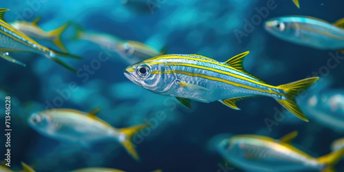 Shoal of Yellowtail Snappers in Blue Ocean Depths