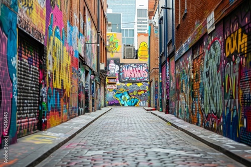Vibrant graffiti art covering an entire alleyway, creating an urban open-air gallery © furyon