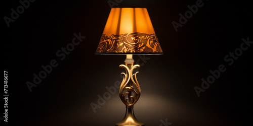 A beautiful golden lamp burning on the table in the dark, classic lamp on the wooden table, Antique Lamp Shade 3d modle, lamp burning in the dark
 photo
