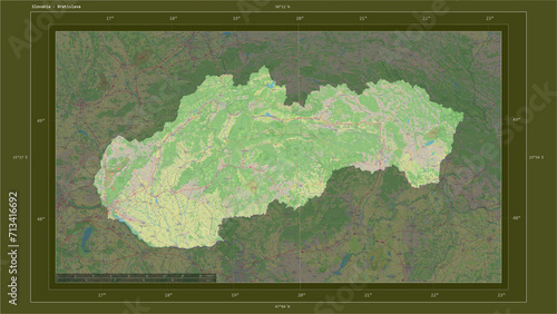 Photography Slovakia composition. OSM Topographic standard style map