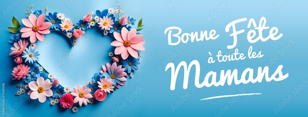 Banner, bannière, composition de fleurs en forme de cœur pour la fête des mères - IA générative - obrazy, fototapety, plakaty 