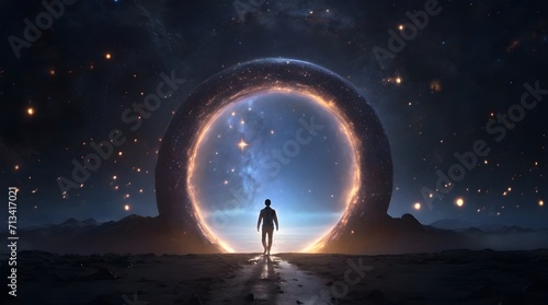 man walking towards a wormhole, another dimension