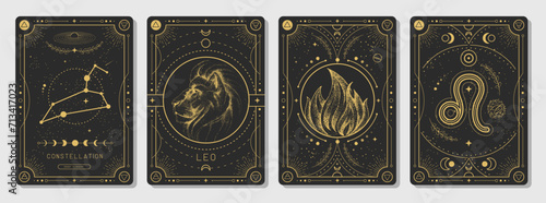 Set of Modern magic witchcraft cards with astrology Leo zodiac sign characteristic. Vector illustration