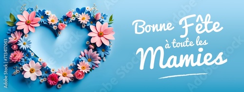 Banner, bannière, composition de fleurs en forme de cœur pour la fête des grand-mères - IA générative photo