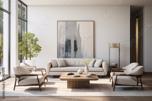 A minimalist living room featuring a sleek sofa and chairs  characterized by clean lines and a neutral color palette