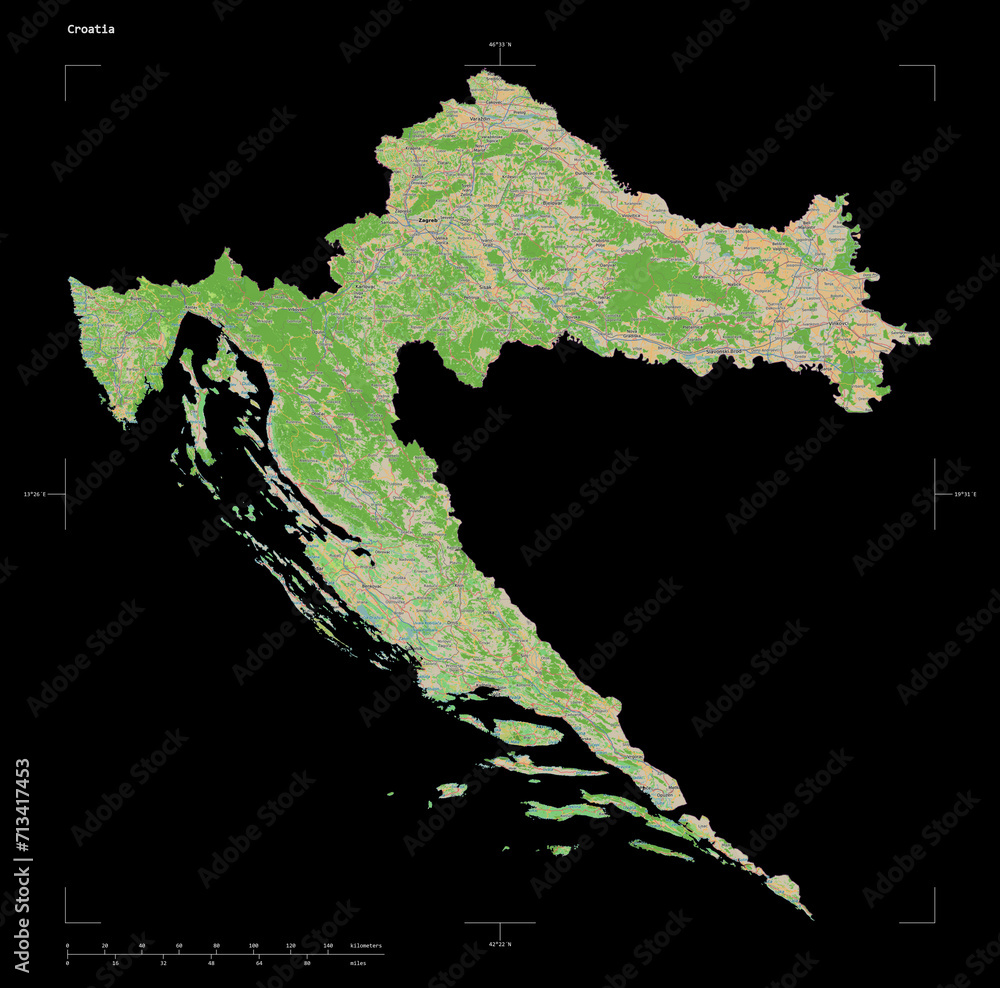 Croatia shape isolated on black. OSM Topographic French style map