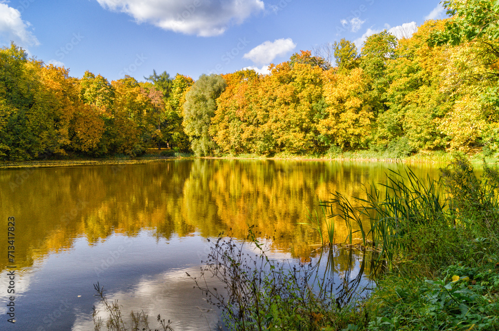 Landscape with Small lake in autumn forest, reflection on water, under blue sky.