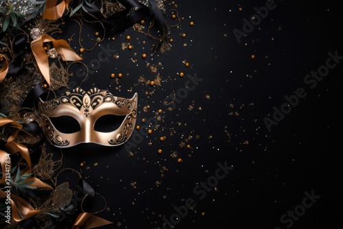 Venetian carnival mask with shiny golden streamers and glitter on black background. Carnival party concept. Festive backdrop for design card, banner, flyer with copy space
