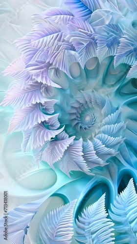 Melding cool turquoise and pale lavender on fern leaves, a calming 3D spiral fusion of fluid circular patterns.